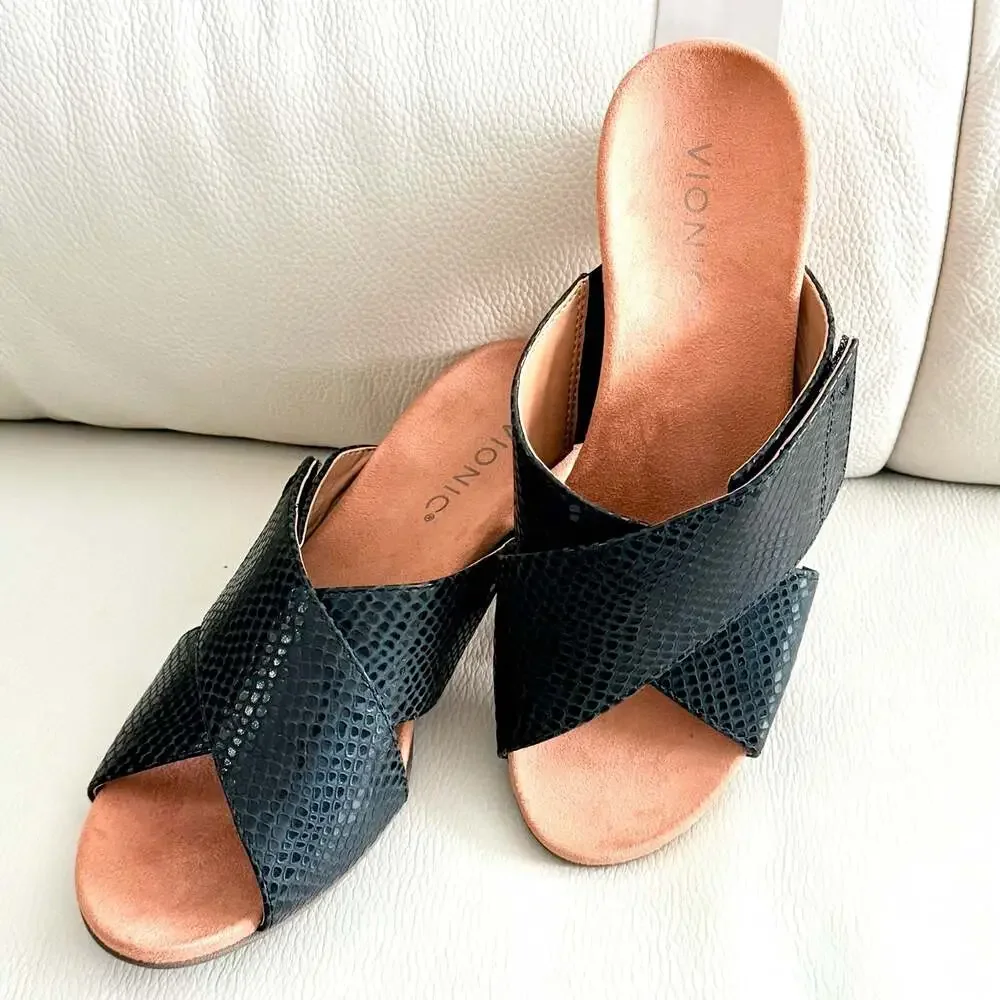 Vionic Leticia Black Lizard Embossed Cork Wedge Sandals
